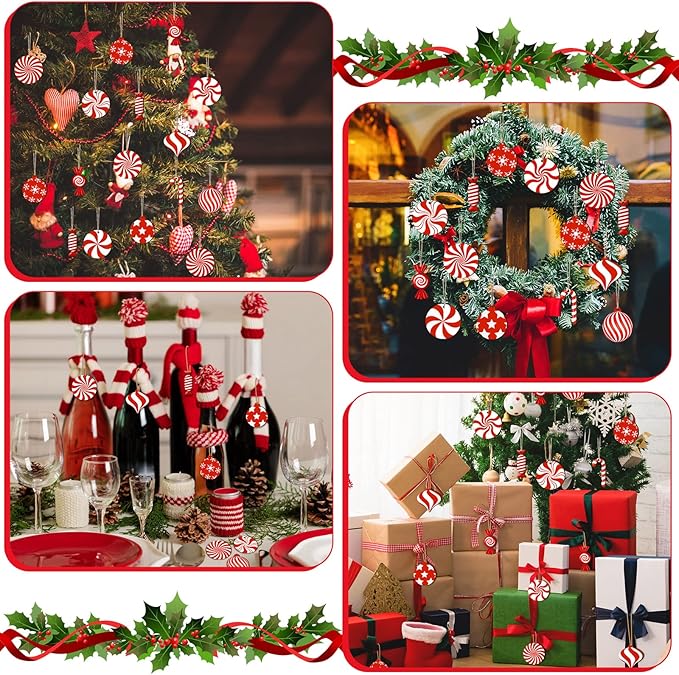 36 Pieces Candy Cane Christmas Ornaments Wood Hanging Decor Xmas Tree Cutouts Peppermint for Home Party Decoration Supplies (Candy Style)