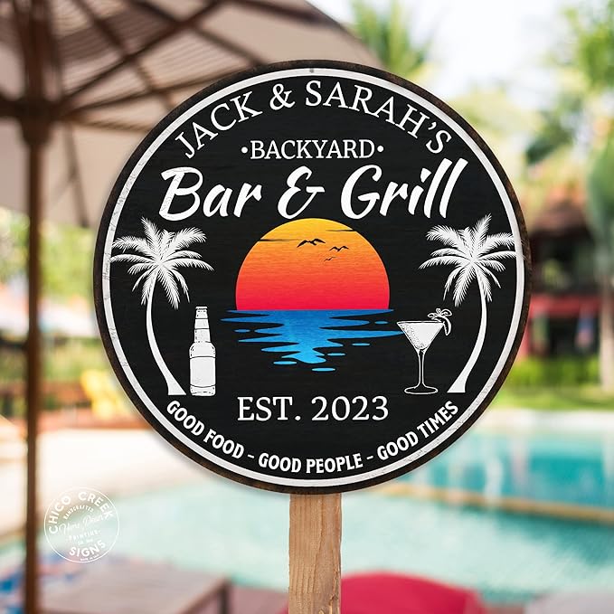 Personalized Backyard Bar & Grill Sign, Bar Sign, Wall Decor, Tropical Sign, Beach Wall Art, Patio Plaque, BBQ, Made in USA 18" 100180050007