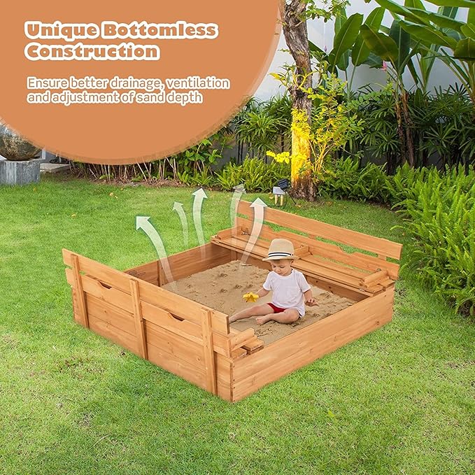 Costzon Kids Sandbox with Lid, 47 x 47in Sand Pit w/ 2 Convertible Bench Seats & Protective Bottom Liner, Cedar Wood Outdoor Sand Box for Backyard Home Lawn Garden Beach (with Backrest)