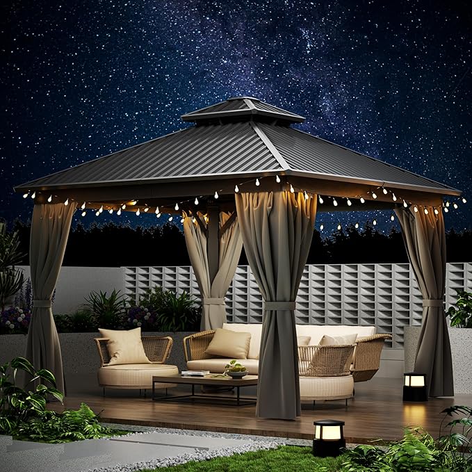 10x10 FT Gazebo Hardtop Gazebo, Aluminum Pergola with Double Galvanized Steel Roof, Curtains and Netting Included, Outdoor Gazebos Canopy for Patio, Backyard, Deck, Lawn,Grey