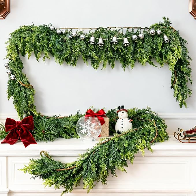 Grever 6 Feet Christmas Artificial Cedar Garland Real Touch Fake Evergreen Greenery Garland for Indoor and Outdoor Fireplace, Mantle, Door, Windows, Table, Stairs, Wall, Wedding and Holiday Decor