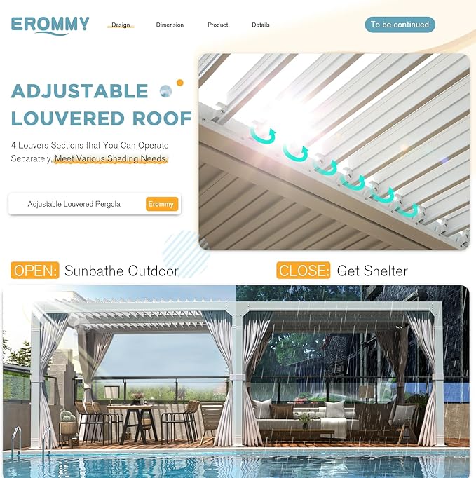 EROMMY Louvered Pergola 10' x 20' Outdoor Hard Top Pergola with Aluminum Frame and Adjustable Metal Rainproof Roof for Garden & Patio, Curtains and Netting Included, White