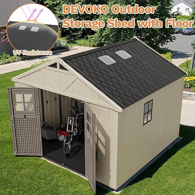 Devoko 10 x 16 FT Resin Outdoor Storage Shed, Extra Large Plastic Shed with Skylight, Floor and Lockable Door, Storage Bike, Tools, Lawn Mower for Garden, Backyard, Patio, Beige