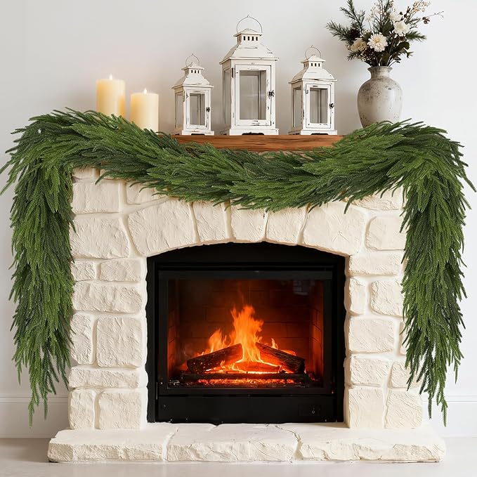 2Pcs 9FT Christmas Norfolk Pine Garland, Realistic Artificial Pine Garland, Real Touch Faux Greenery Christmas Garland for Table, Mantle, Winter Holiday Christmas Decorations Indoor Outdoor