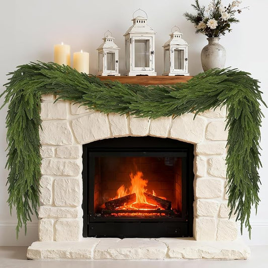 2Pcs 6FT Christmas Norfolk Pine Garland, Realistic Artificial Pine Garland, Real Touch Faux Greenery Christmas Garland for Table, Mantle, Winter Holiday Christmas Decorations Indoor Outdoor