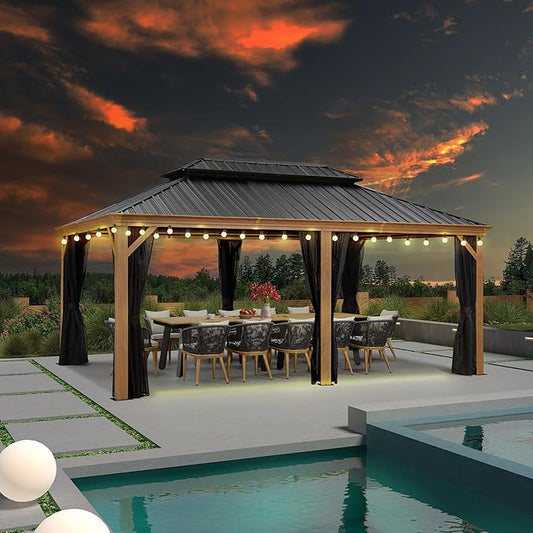 PURPLE LEAF 12' X 18' Outdoor Hardtop Gazebo for Patio Galvanized Steel Double Roof Permanent Canopy Teak Finish Coated Aluminum Frame Pavilion Gazebo with Netting and String Lights