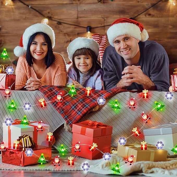 Battery Operated Christmas Lights 12FT 32 LED Snowflakes Christmas Tree Santa Clause Gift Box Xmas String Lights, Holiday Fairy Lights for Tree Decorations Table Home Indoor Holiday Decor