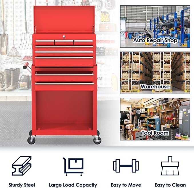 8-Drawer Rolling Tool Chest, High Capacity Removable Tool Storage Cabinet, Detachable Toolbox with Lock for Garage Warehouse and Tool Room (Red)