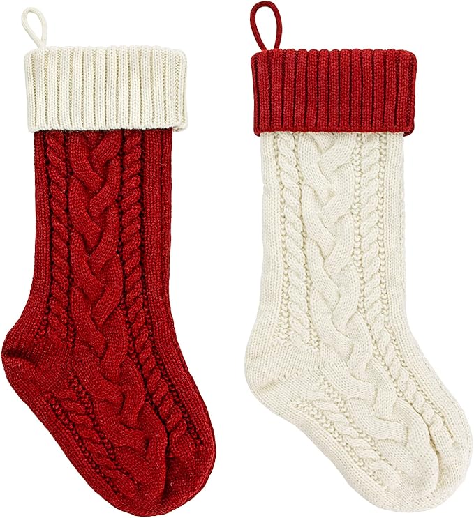 Personalized Christmas Stockings - 18 Inches Large Size Hanging Knitted Stockings for Fireplace, Christmas Tree and Family Holiday Decorations (Ivory/Burgundy, Pack of 2)
