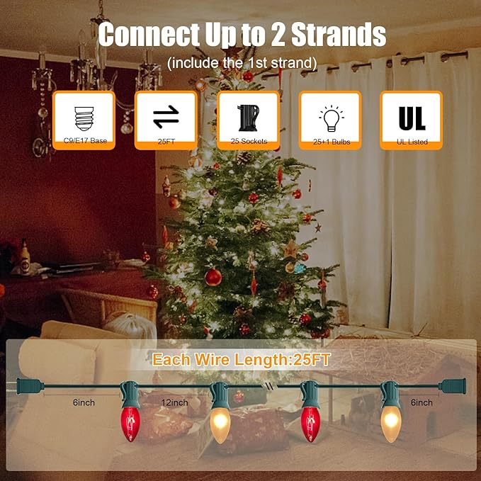 C9 Red and White Christmas String Lights 25Ft C9 Outdoor Christmas Decorations Lights with 26 Red Frosted White Bulbs, Vintage Christmas Light Waterproof for Patio Roofline Party Holiday Garden