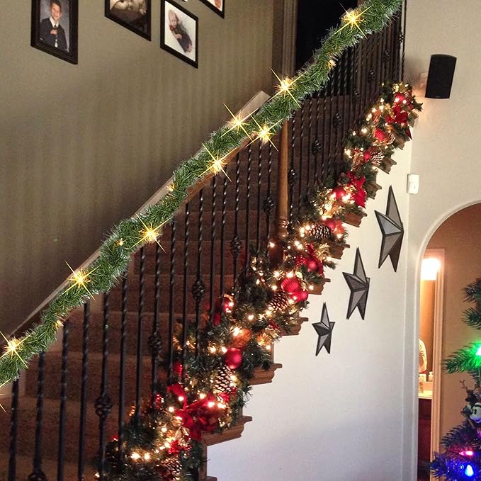 Nerosun 14.8 FT Artificial Christmas Garland, 50 Pre-Lit LED Mini String Lights Battery Operated Xmas Garland for Home Stair Railing Indoor Wedding Party Christmas Ornament Decorations (Warm White)