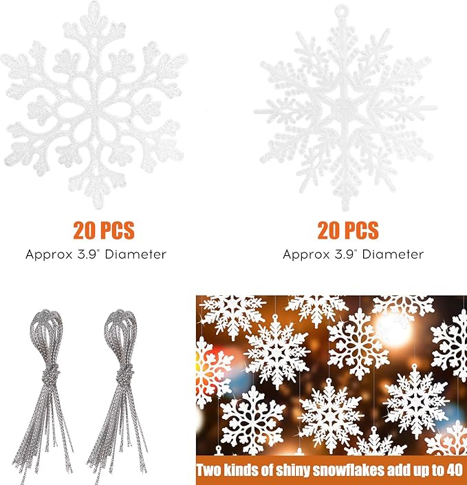 RECUTMS Winter Christmas Hanging Snowflake Decorations - 40Pcs White Snowflakes Hanging Garland for Christmas Winter Wonderland Holiday New Year Party Home Decoration,4 Inches,2 Pattern (White)