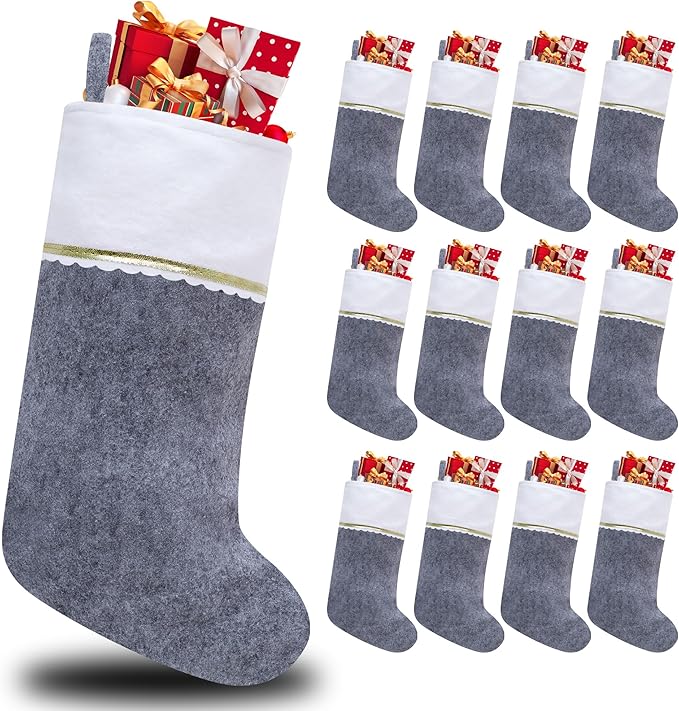 12 Pack Felt Christmas Stockings, 19 Inches Grey and White Christmas Stockings, White Cuff with Gold Trim Christmas Stockings for Family Christmas Holiday Decorations