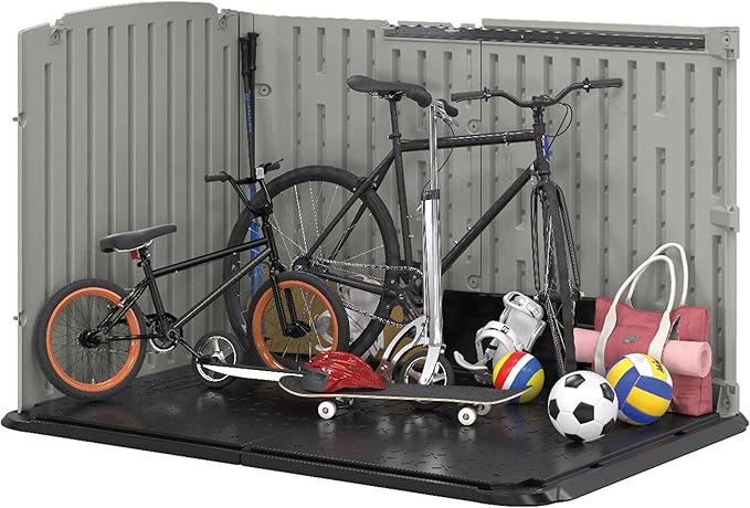 Suncast 138 Cu Ft Horizontal Outdoor Storage Shed, 57.5"x79.75"x52" Glidetop Outdoor Shed with Sliding Lid, Plastic Resin Storage Sheds with Floor for Bikes, Motorcycles, & Lawn Mower, Made in the USA