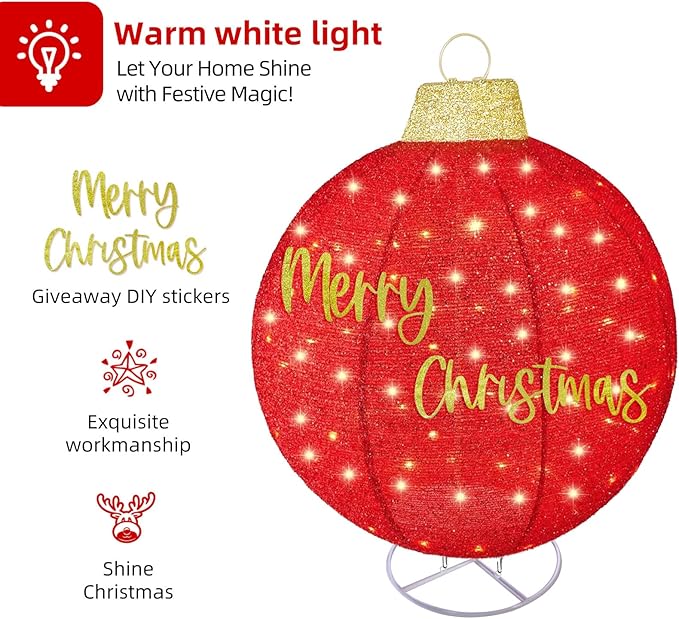 HOYECHI 4-Piece Oversized Christmas Ornament Set – Lighted Holiday Balls with 400 LEDs, 8 Lighting Modes, Waterproof Outdoor Yard Decorations - Red/Green/White/Yellow