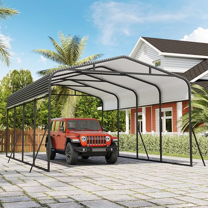 Metal Carport, 12x20 FT Outdoor Carport Canopy with Reinforced Base and Galvanized Steel Roof, Heavy Duty Garage Car Shelter Shade for SUV, Truck, Boats