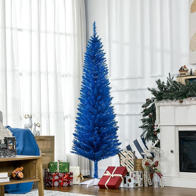 HOMCOM 6' Artificial Pencil Christmas Tree, Slim Xmas Tree with 390 Realistic Branch Tips and Plastic Stand, Blue