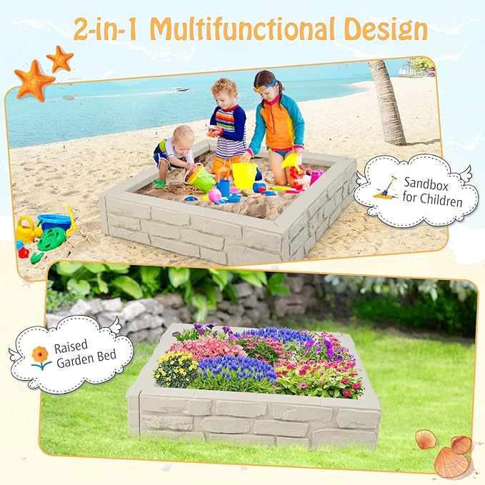 HONEY JOY Sandbox with Cover, 47 x 47 Inch Square Sand Pit for Backyard, Bottom Drainage Oxford Liner, HDPE Playful All Weather Resistant Sand Boxes for Kids Outdoor with Lid (White)