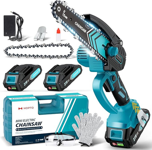 Chainsaw 6-Inch 2 Pack 2000mAh Battery Hand Mini Chain Saw Birthday Christmas Gifts for Men Portable Cordless for Wood Cutting Tree Trimming Projects Gardening Tools (Blue-2 Battery)