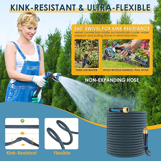 Non-Expandable Garden Hose 100 FT, Lightweight Hose with 10 Function Spray Nozzle, Kink-Free Flexible Water Hose, Durable, Leak-Proof, 360¡Æ Swivel Connectors, Portable Storage Strap