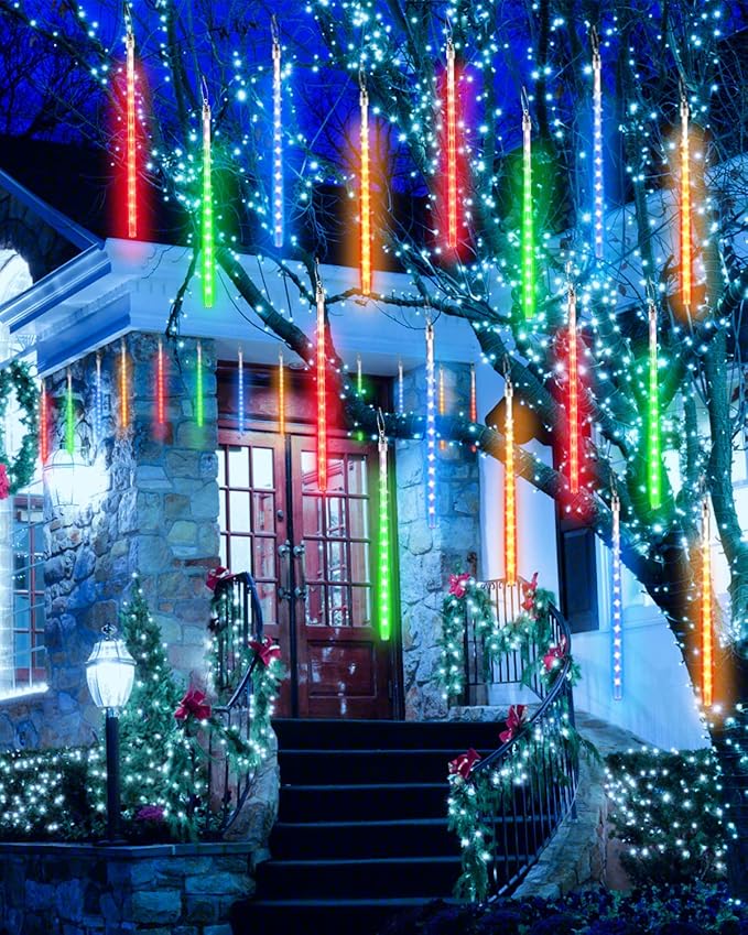 Flacchi Multicolor 20 Tubes Meteor Shower Icicle Light 480 LED Raindrop Lights with Timer Function Cascading Falling Rain Lights for Holiday Party Christmas Decorations