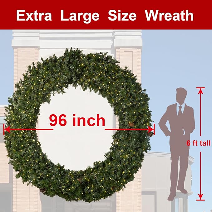 Solar Extra Large Christmas Wreath 96 Inch Pre-Lit Solar 1000 Led Warm White Lights Holiday Artificial Decor Lighted Wreath Outdoor for Green Christmas Decorations 96Inch(9601)