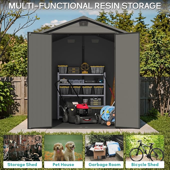 Greesum 6×10FT Plastic Outdoor Storage Shed with Floor, Resin Storaged Sheds with Lockable Double Door, Windows & Vents, All-Weather Tool Sheds for Garden, Backyard, Patio, Dark Gray