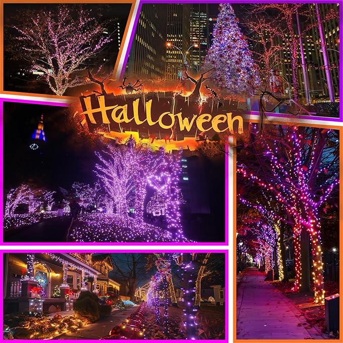 OZS Purple and Orange Solar Halloween Lights Outdoor, 2 Pack 240LED 95FT Solar String Lights Waterproof with 8 Modes & Auto On/Off for Tree Party Halloween Decorations