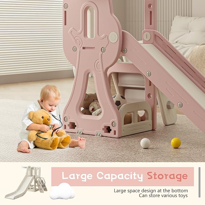 Toddler Slide,Kids Climber Slide with Storage Space and Non-Slip Steps,Indoor Outdoor Playset with Basketball Hoopa and Telescope,Slide for Toddlers Age 1-3