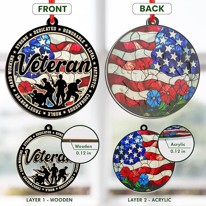 FLAGWIX Army Christmas Ornaments for Patriotic - Suncatcher Army Ornaments for Christmas Tree Decorations - Veteran Gifts for Men Women Dad Grandpa, Military Ornaments, Veterans Day Gifts Bulk