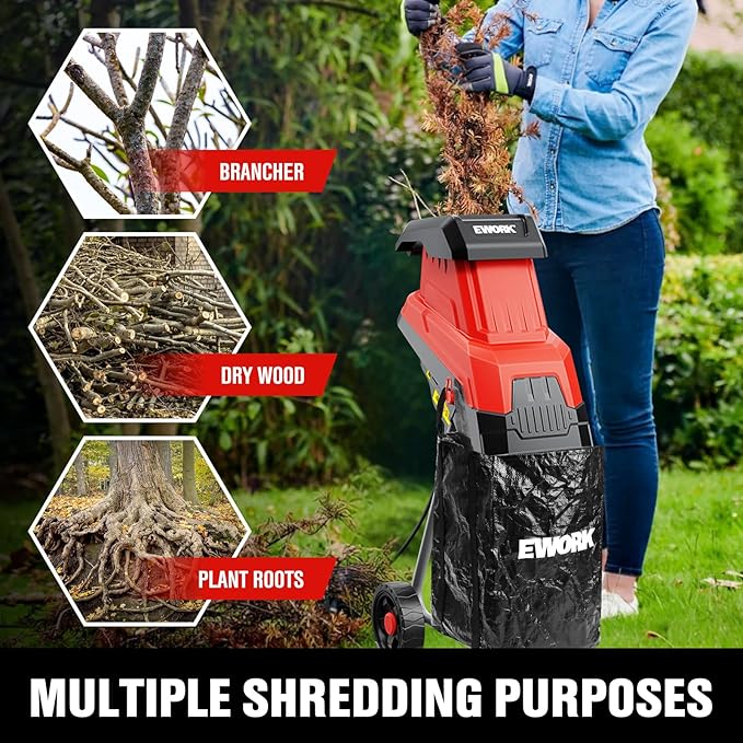 EWORK 15-Amp Electric Wood Chipper Shredder, Brushless Motor Garden Mulcher for Composting & Yard Waste, 1.77 Cutting Capacity Branch Crusher with 15:1 Reduction Ratio, 4500 RPM Silent Design