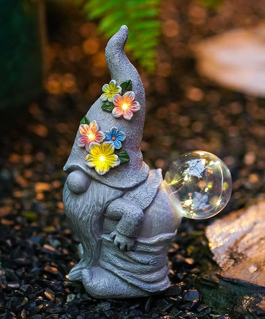 Funny Garden Gnome Statue with Lights, Outdoor Sculpture Decor for Home Yard Lawn Porch Balcony Patio,Gardening Gifts for Women Mom Grandma