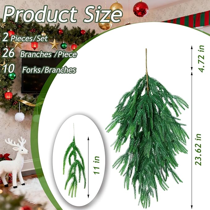 Grever 2 Pcs Artificial Christmas Swag, 28 Inch Faux Teardrop Norfolk Swag Real Touch Fake Pine Needles for Indoor and Outdoor Fireplace, Mantle, Door, Windows, Table, Stairs, Wall and Holiday Decor