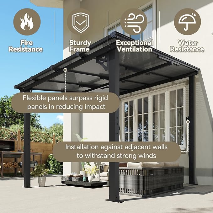 Aoxun 8' x 10' Gazebo for Patio, Gazebo Pergola with Sloped Roof, Large Wall-Mounted Heavy Duty Awnings, for Backyard, Deck, Patio (Gray Polycarbonate Panel)