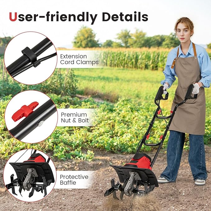 Goplus Corded Electric Tiller Cultivator, 10 Amp Powerful Foldable Garden Rototiller w/ 14 Inch Tilling Width & 9 Inch Working Depth, Safety Lock, Gardening Machine for Lawn Soil Digging