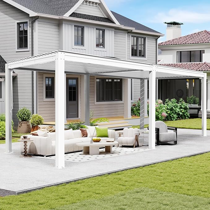 10’ x 20’ Louvered Pergola, Outdoor Pergola Aluminum Frame with Adjustable Rainproof Metal Roof, Permanent Sun Shade with Drainage System for Backyard, Garden and Lawn (White)