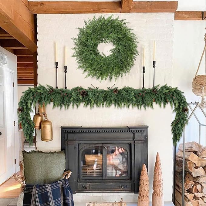 Lush Christmas Wreaths for Front Door Christmas Decorations 24 inch Real Touch Faux Cedar Wreath Winter Wreath Large Green Wreaths for Windows Outdoor Indoor Walls Home Xmas Holiday Decor