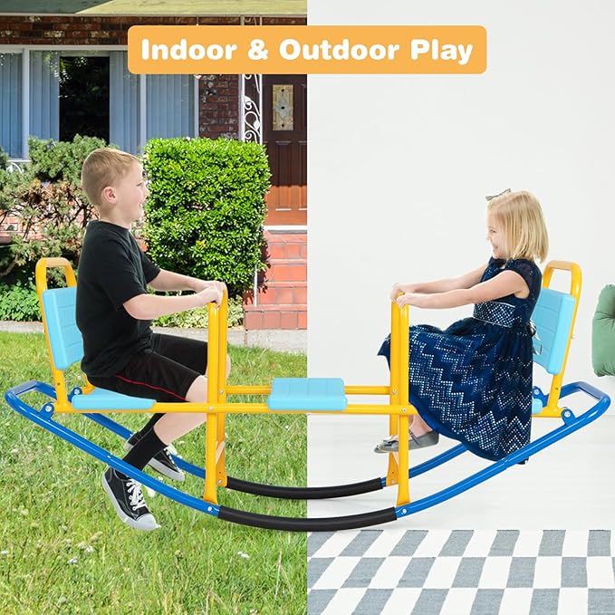 GLACER Teeter Totter Seesaw for Kids, 3-Person Metal Rocking Seesaw for Boys Girls Ages 3-8, 2 in 1 Indoor Outdoor Rocker Toy with Easy-Grip Handles, Playground Equipment for Backyard (Blue)