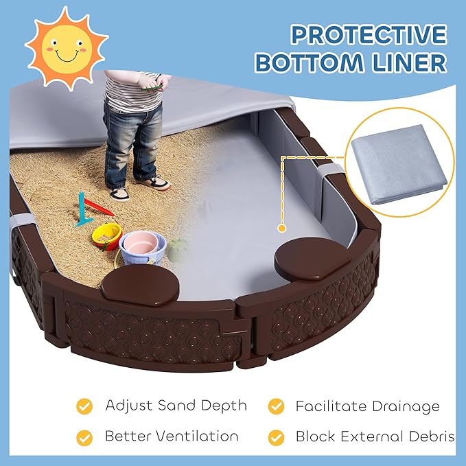 Qaba Kids Sandbox with Cover, Oval 71 HDPE Large Sand Pit with 4 Seats, Waterproof Bottom Liner, Weather Resistant Outdoor Sand Box for Backyard, Lawn, Garden, Beach, Patio, Brown