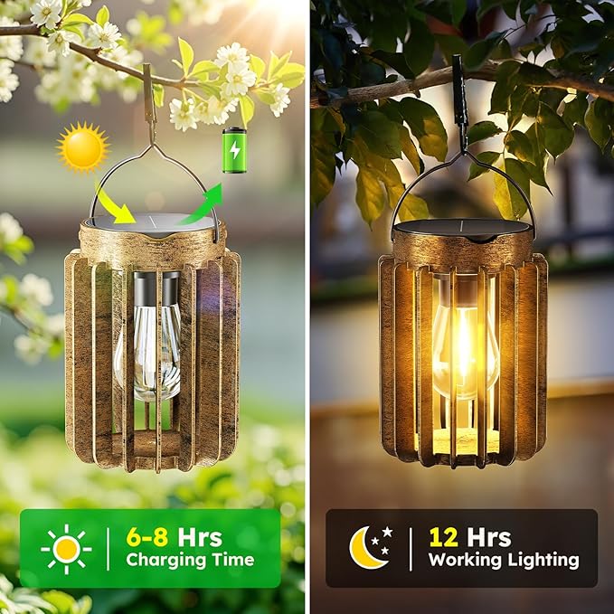 Solar Lanterns Outdoor Waterproof, Brighter Up to 12 Hrs Outdoor Hanging Solar Lights, Outside Hanging Lanterns for Garden Porch Patio Yard Decor, Gifts for Women Mom Father 2 Pack