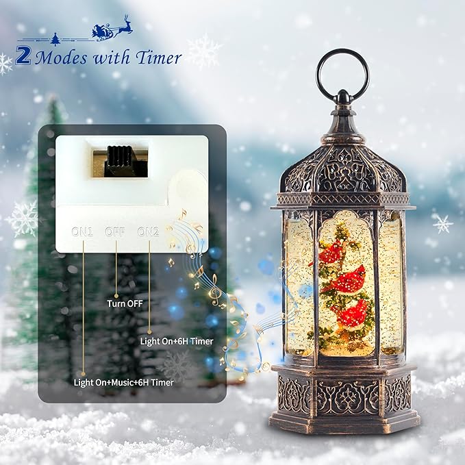 12.8" Christmas Snow Globe Lantern Christmas Decorations Indoor with Swirling Glitter Three Cardinals in The Tree, Lighted Musical Snow Globes for Home Decoration USB Powered or Battery Operated
