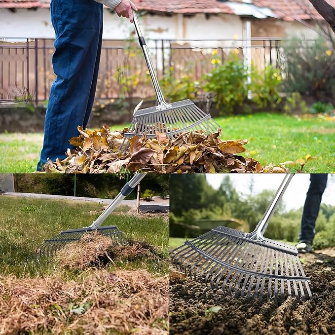 KeFanta Garden Leaf Rakes, Rake for Leaves Heavy Duty 25 Metal Tines 18.5 Wide, 62 Adjustable Long Handle Rakes for Lawns Yard Grass Flower Beds