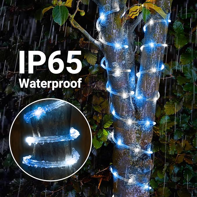 Solar Rope Lights, 66ft 200LED Solar String Lights, 8 Modes Waterproof Solar Powered Outdoor Light, Flexible Clear Tube Light for Garden Backyard Patio Deck Porch Pool Tree Christmas Decor -White&Blue