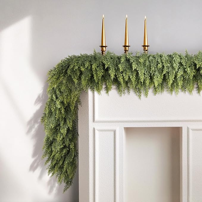 9ft Christmas Cedar Garland with Soft Thickness Pine, Artificial Green Faux Cedar Pine Garland for Mantle Fireplace Indoor Outdoor Holiday Party Home Decoration（2 Pcs）