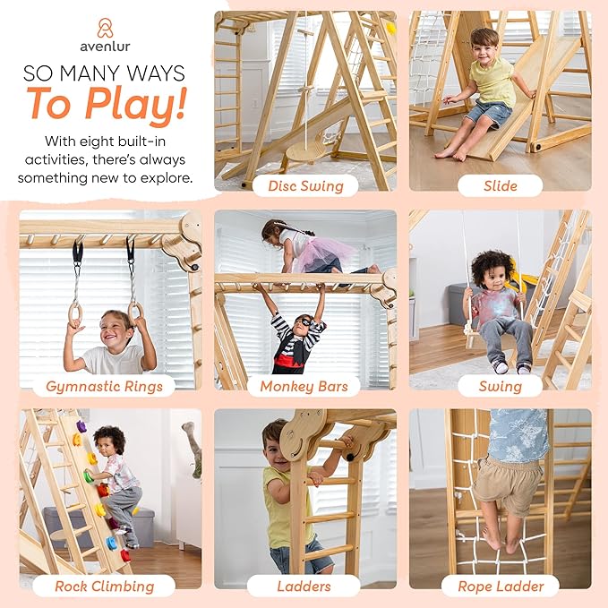 Avenlur 8-in-1 Indoor Play Gym ? Toddler Jungle Gym for Kids Ages 2?6 ? Indoor Playground Wooden Climbing Playset with Slide, Monkey Bars, Ladder, Rope Ladder, Rock Climbing, Swing, Rings, Disc Swing