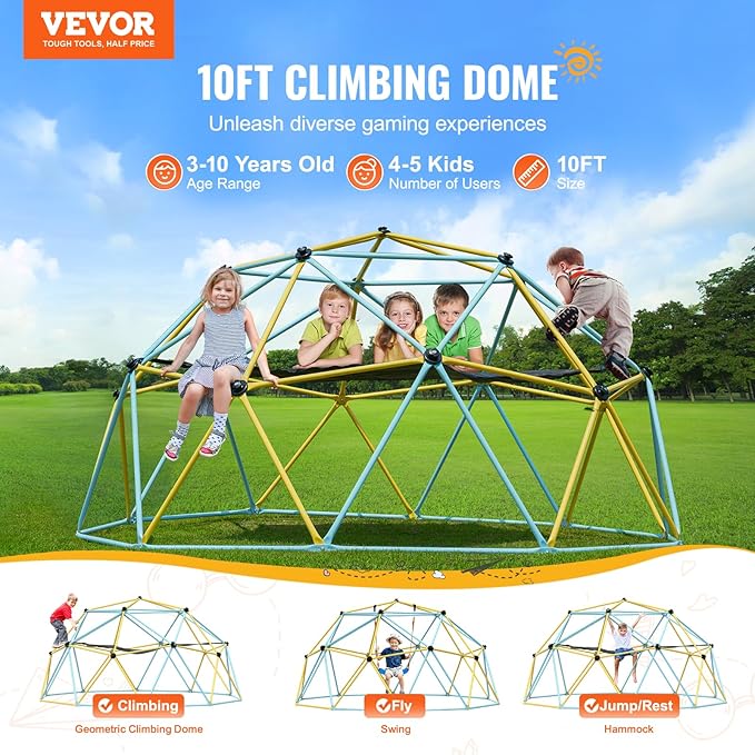 VEVOR Climbing Dome, 10FT Jungle Gym with Hammock and Swing, Geometric Dome Climber Supports 750LBS and Easy Assembly for Kids 3 to 10 Years Old, with Climbing Grip, Outdoor Backyard Play Equipment