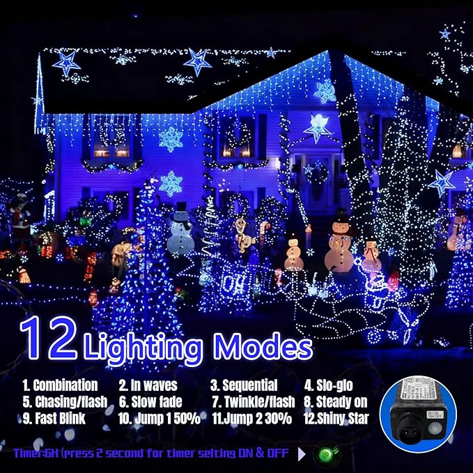 98FT 960 LED Christmas Lights, Waterproof 8 Modes Ice Lights for Outside with Memory and Timer Hanging Fairy Lights Plug-in Curtain String Lights for Holiday Party Wedding Home (Blue)