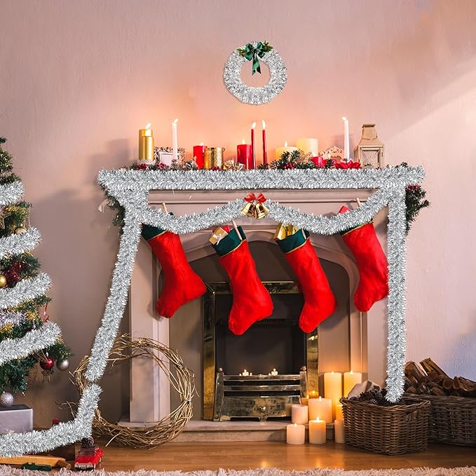 50FT Silver Christmas Tinsel Garland Metallic Twist Shiny Garland for Christmas Tree Decorations, Xmas Holiday Hanging Decor for Home Mantle Stair Indoor Outdoor Holiday Party Supplies Decor