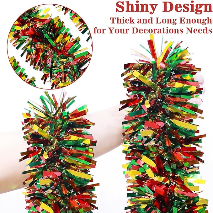 LEASEN 50 Feet Christmas Tinsel Garland Metallic Twist Garland Shiny Hanging Garland Ornaments for Christmas Tree Holiday Home Party Supplies Indoor Outdoor Decoration Red Green Gold