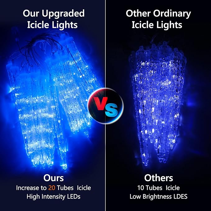 Joomer Blue Christmas Icicle Lights, 13FT 20 Tubes 90 LED 8 Modes Icicle Lights with Timer Function, Waterproof Connectable Ice String Lights for Holiday Home Patio Trees Christmas Decoration